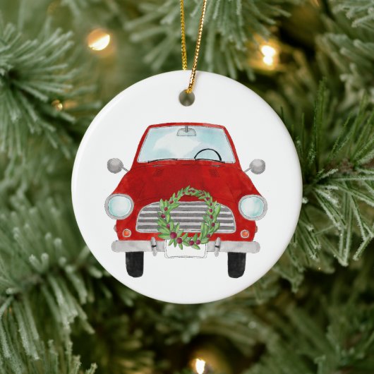 Rode auto met kerstkrans keramisch ornament (Boom)