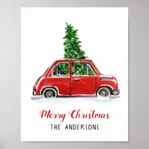 Rode auto met Poster met kerstboom