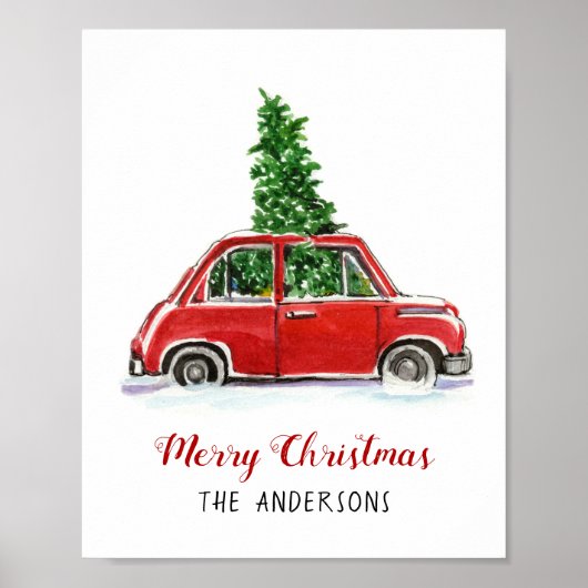Rode auto met Poster met kerstboom (Voorkant)