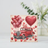  rode auto met Valentijnsdag ballonnen Feestdagenkaart (Staand voorkant)
