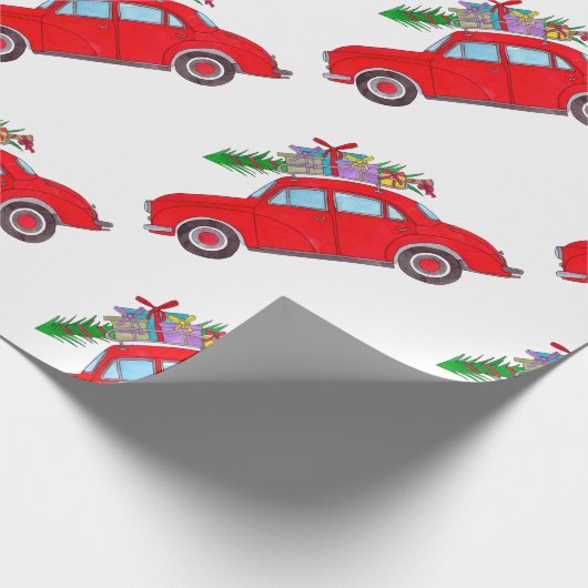 Rode auto met Waterverf voor kerstbomen Cadeaupapier (Hoek)