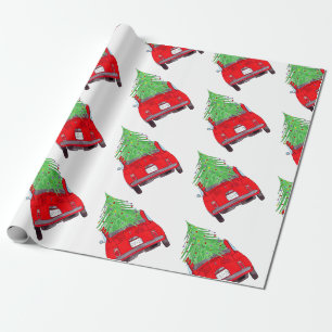 Rode auto met Waterverf voor kerstbomen Cadeaupapier