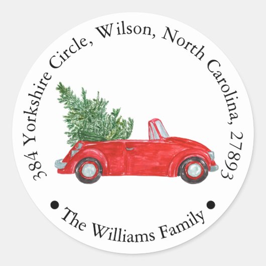 Rode auto met Xmas Tree vakantie retouradres Ronde Sticker (Voorkant)