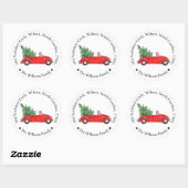 Rode auto met Xmas Tree vakantie retouradres Ronde Sticker (Vel)