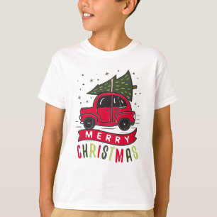 Rode Auto Prettige Kerstboom Kleurrijk Grappig T-shirt