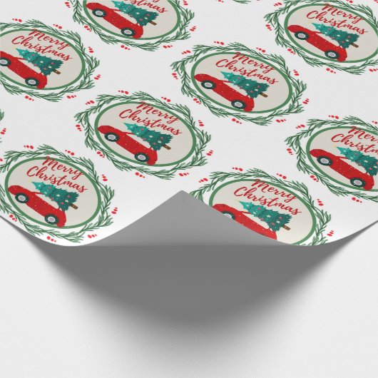 rode auto vrolijk kerstfeest cadeaupapier (Hoek)