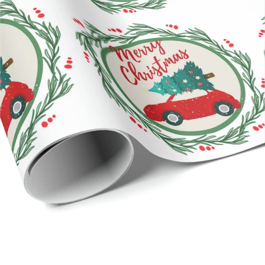 rode auto vrolijk kerstfeest cadeaupapier (Rol Hoek)