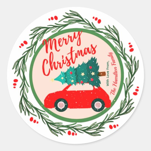  rode auto vrolijk kerstfeest gepersonaliseerde na ronde sticker (Voorkant)