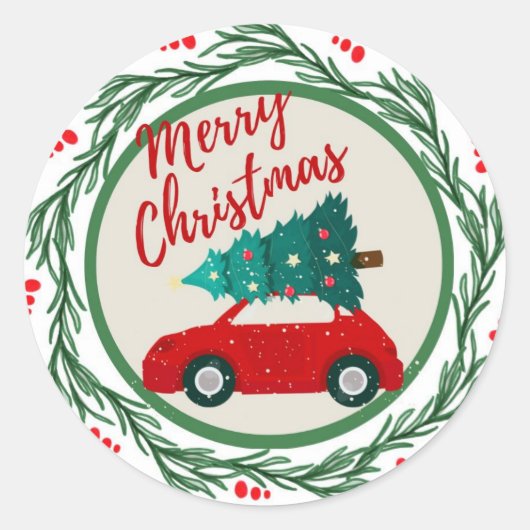  rode auto vrolijk kerstfeest ronde sticker (Voorkant)