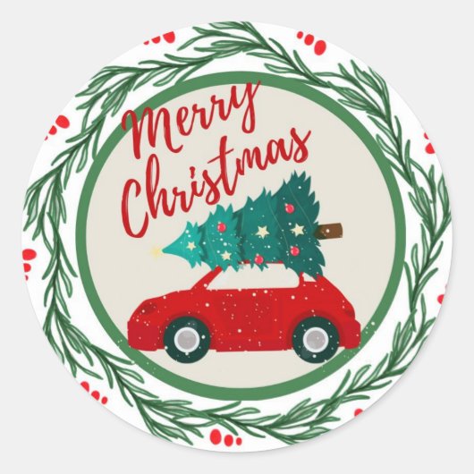  rode auto vrolijk kerstfeest ronde sticker (Voorkant)