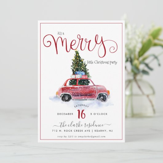  rode auto w / kerstboom uitnodiging (Staand voorkant)