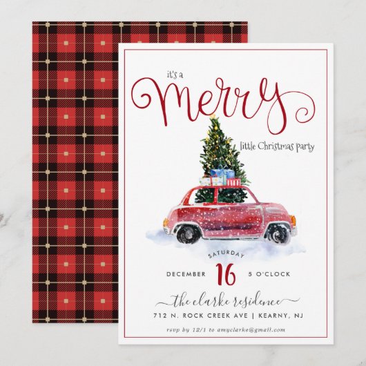  rode auto w / kerstboom uitnodiging (Voorkant / Achterkant)