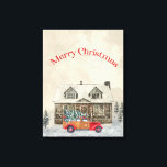 Rode auto Winter Scene Vrolijk Kerstfeest Canvas Afdruk<br><div class="desc">Prachtige waterverf stijl rustieke winterscène om het kerstseizoen te vieren. Klassieke  rode auto met kerstboom. Rustieke hut met sneeuw scene.</div>