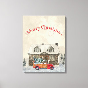 Rode auto Winter Scene Vrolijk Kerstfeest Canvas Afdruk
