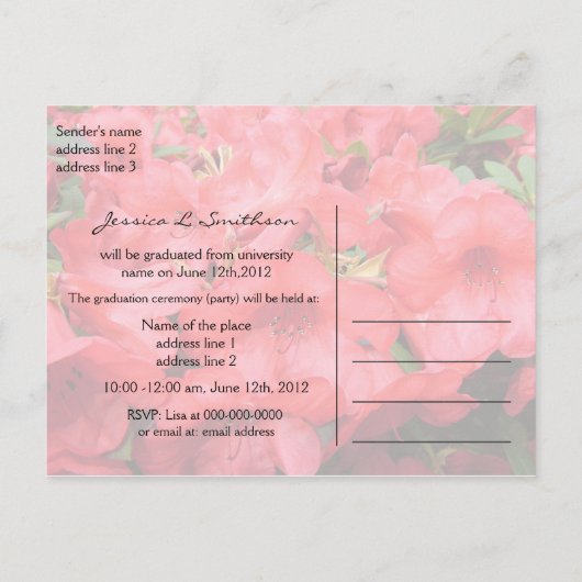 Rode azalea bloemen afstuderen aankondiging (Achterkant)