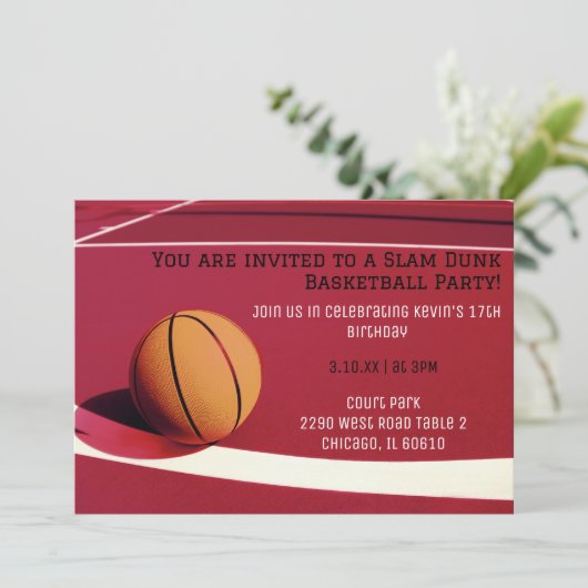 Rode baan basketbal partij uitnodiging (Staand voorkant)