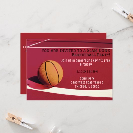 Rode baan basketbal partij uitnodiging (Voorkant / Achterkant in situ)