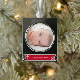 Rode babyfoto Kerstmis Verzilverd Banner Ornament