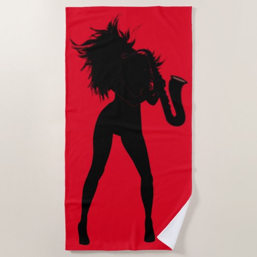 Rode badhanddoek met vrouw die saxofoon speelt (Voorkant)