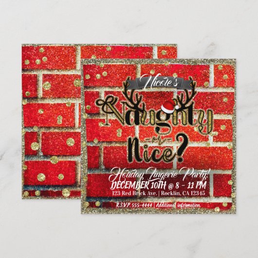 Rode Baksteen & Glitter Feest Naughty of Nice Fees Kaart (Voorkant / Achterkant)