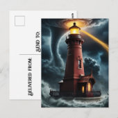 Rode bakstenen vuurtoren in tornado briefkaart (Voorkant / Achterkant)