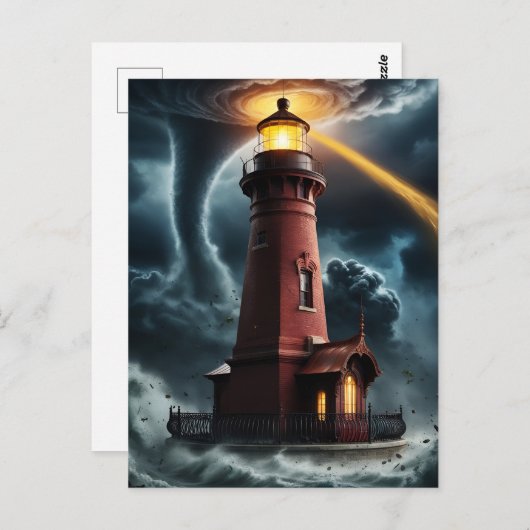 Rode bakstenen vuurtoren in tornado briefkaart (Voorkant / Achterkant)