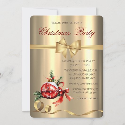 Rode bal, boog, gouden kerstfeest kaart (Voorkant)