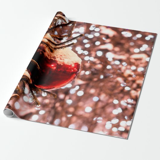 Rode bal, witte lichten, sneeuw cadeaupapier (Uitgerold)