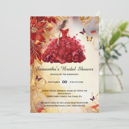 Rode balgons bloemenbruid om bruids te zijn kaart (Staand voorkant)