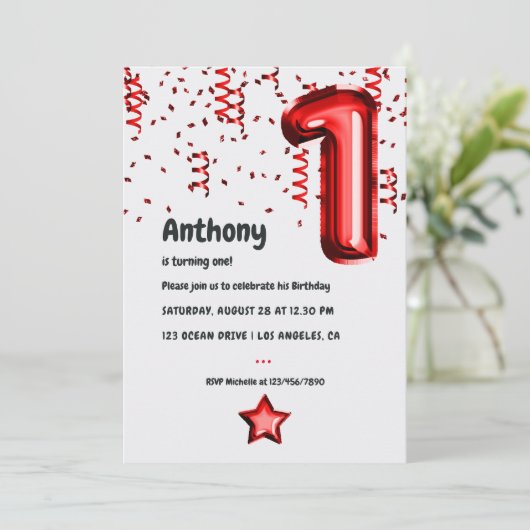 Rode ballon 1e kerstdag uitnodiging (Staand voorkant)