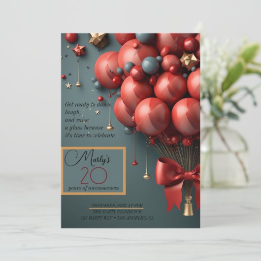 Rode ballon - uitnodiging van de Birthday Party (Staand voorkant)