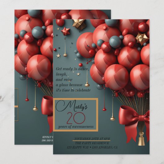 Rode ballon - uitnodiging van de Birthday Party (Voorkant / Achterkant)