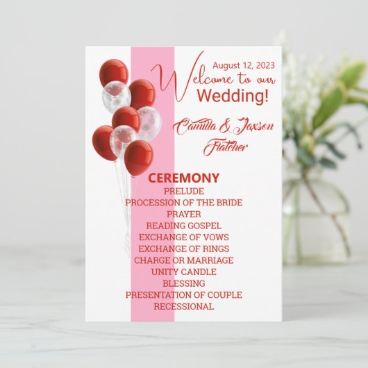 Rode ballonnen. Elegant Ceremony-programma Kaart (Staand voorkant)
