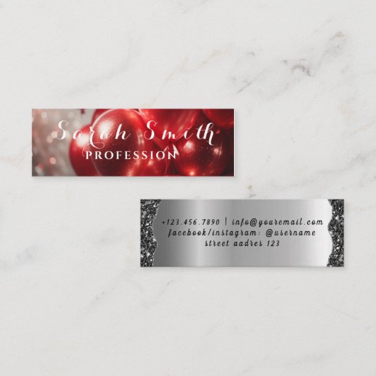 Rode Ballons Glitter Event Bruiloft Mini Visitekaartje (Voorkant / Achterkant)