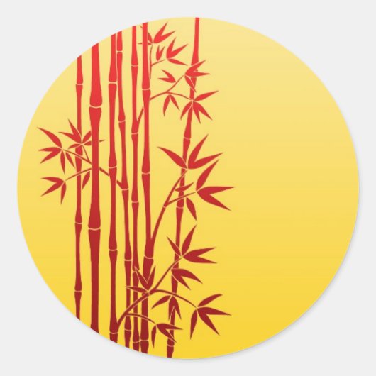 Rode bamboe met bladeren op geel ronde sticker (Voorkant)