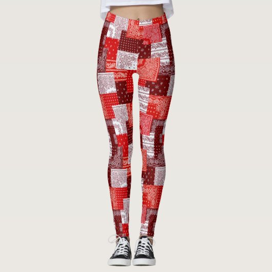 Rode Bandana Patchwork Paisley Naaipatroon Leggings (Voorkant)