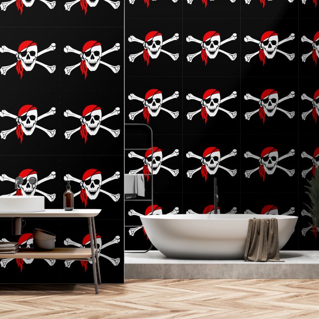 Rode Bandana Piratenvlag Zwart Behang (Badkamer)