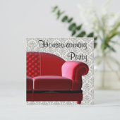 Rode bank damast housewarmingparty kaart (Staand voorkant)