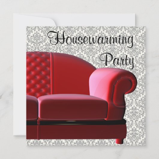 Rode bank damast housewarmingparty kaart (Voorkant)