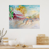 Rode Barn en paarden in het gras Poster (Keuken)