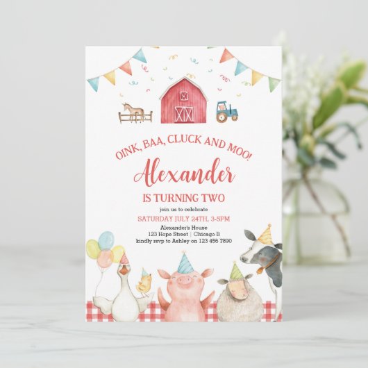 Rode Barn Farm Animals Barnyard Birthday Invitatio Kaart (Staand voorkant)