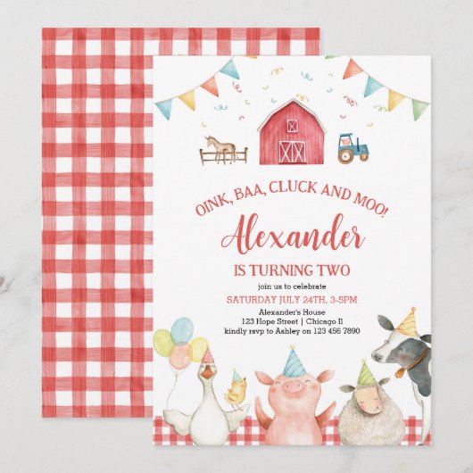 Rode Barn Farm Animals Barnyard Birthday Invitatio Kaart (Voorkant / Achterkant)
