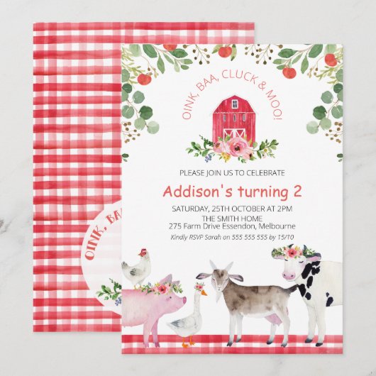 Rode Barn Farm Dieren Apple Birthday Uitnodiging (Voorkant / Achterkant)