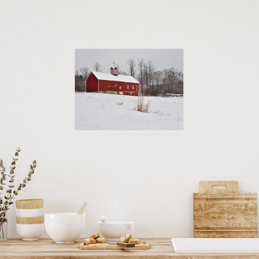 Rode Barn in de sneeuw Poster (Keuken)