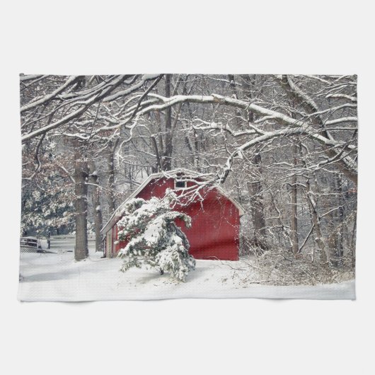 Rode Barn in de sneeuw van 2011 Theedoek (Horizontaal)