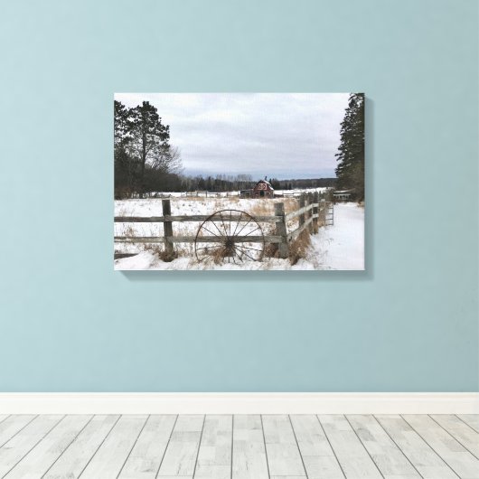 Rode Barn in de winter op Canvas (Insitu (Houten vloer))
