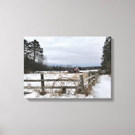 Rode Barn in de winter op Canvas Afdruk
