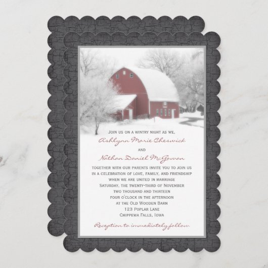 Rode Barn in Winter Wedding Invitation 2 Kaart (Voorkant / Achterkant)