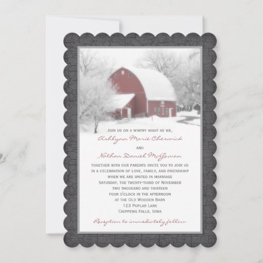 Rode Barn in Winter Wedding Invitation 2 Kaart (Voorkant)