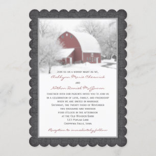 Rode Barn in Winter Wedding Invitation 2 Kaart